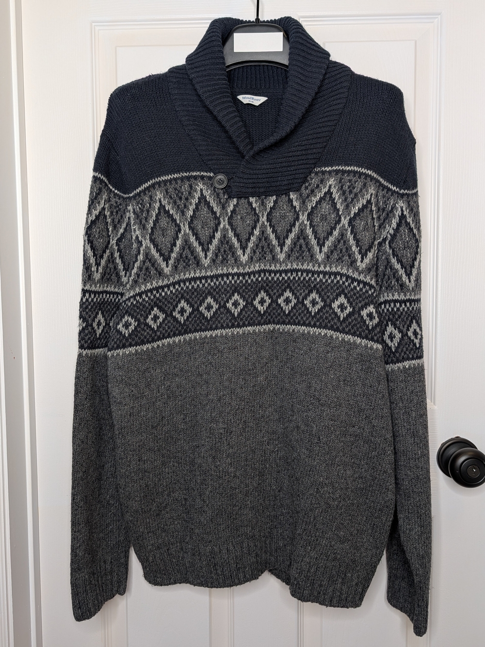 Windriver Men's Shawl Collar Fair Isle Sweater Navy Gray Size M Cozy Pullover